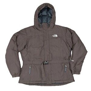 The North Face Hyvent Women's Brown Down Hooded Belted Parka Jacket 550 Sz XL
